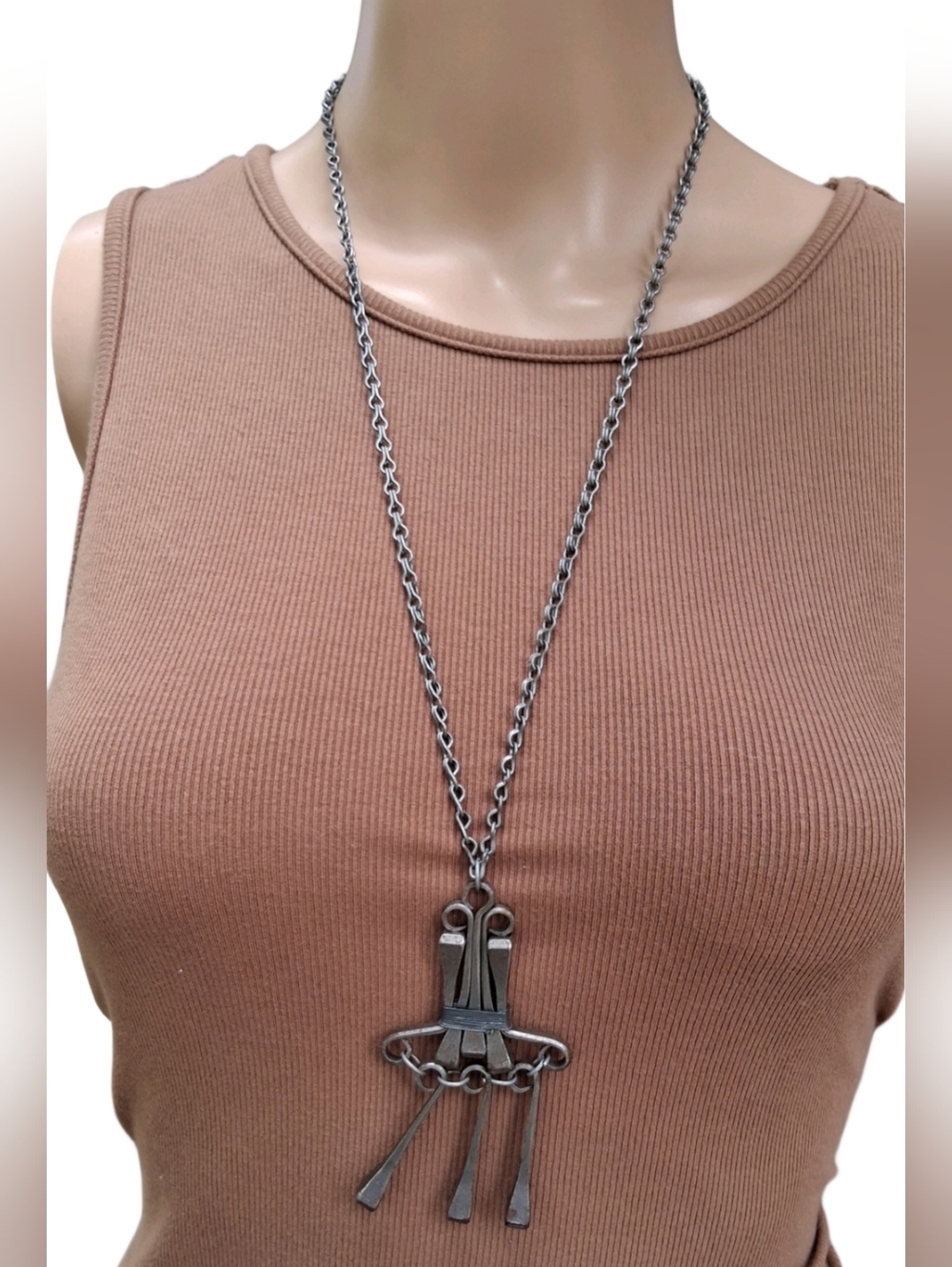 Vintage Brutalist Horseshoe Nail Pendant Necklace Hand Forged Studio Art